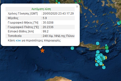 Σεισμός 5,9 βαθμών 249 χλμ νότια-νοτιοδυτικά της Πύλου