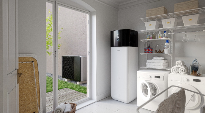 A laundry room with a washing machine and a glass doorDescription automatically generated